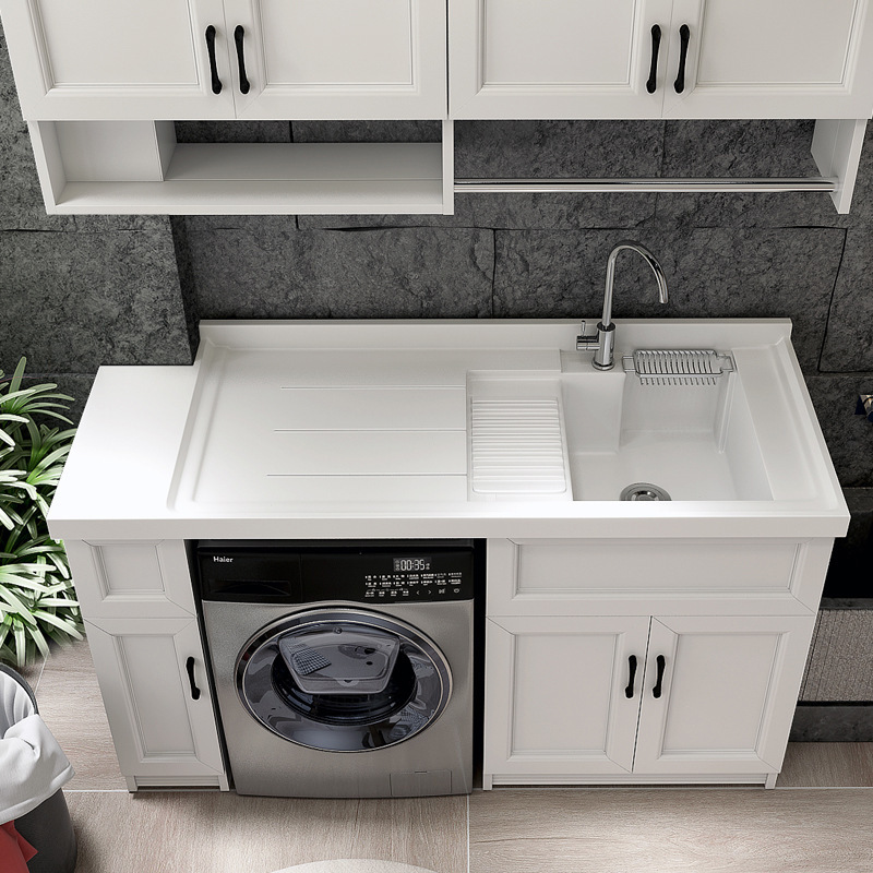 Integrated quartz stone balcony space aluminum washing wardrobe combination corner cutting washboard washing machine accessory sink