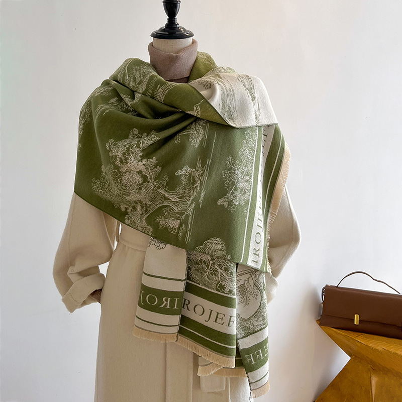 Women's Scarves Black and White Double-sided Jacquard Scarf Fine Cashmere Warm Shawl High-grade Light Luxury Landscape Painting Autumn and Winter _voghion.com