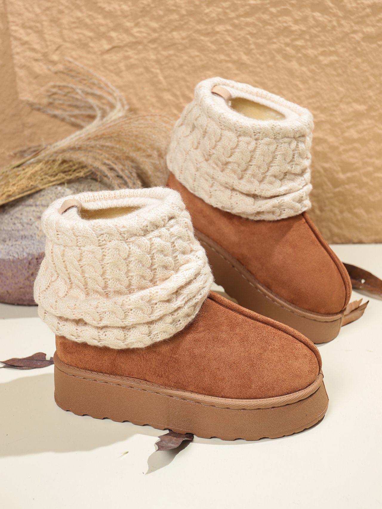 Women's Winter Thick Soled Knitted Snow Boots Fleece Lined Warm Slip On Plus Size Cotton Shoes_vogvips.com