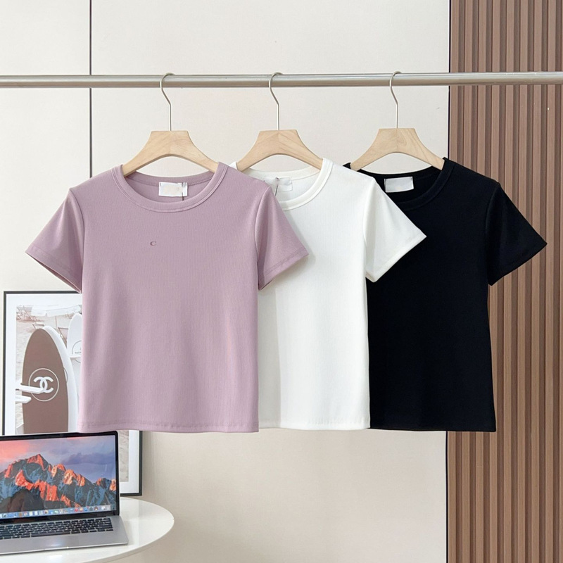 Koujia Ribbed T-Shirt with Ch Letter Print, Summer New Style, Round Neck, Regular Shoulder, Simple Slim Fit, Versatile Ins Short-Sleeve for Women