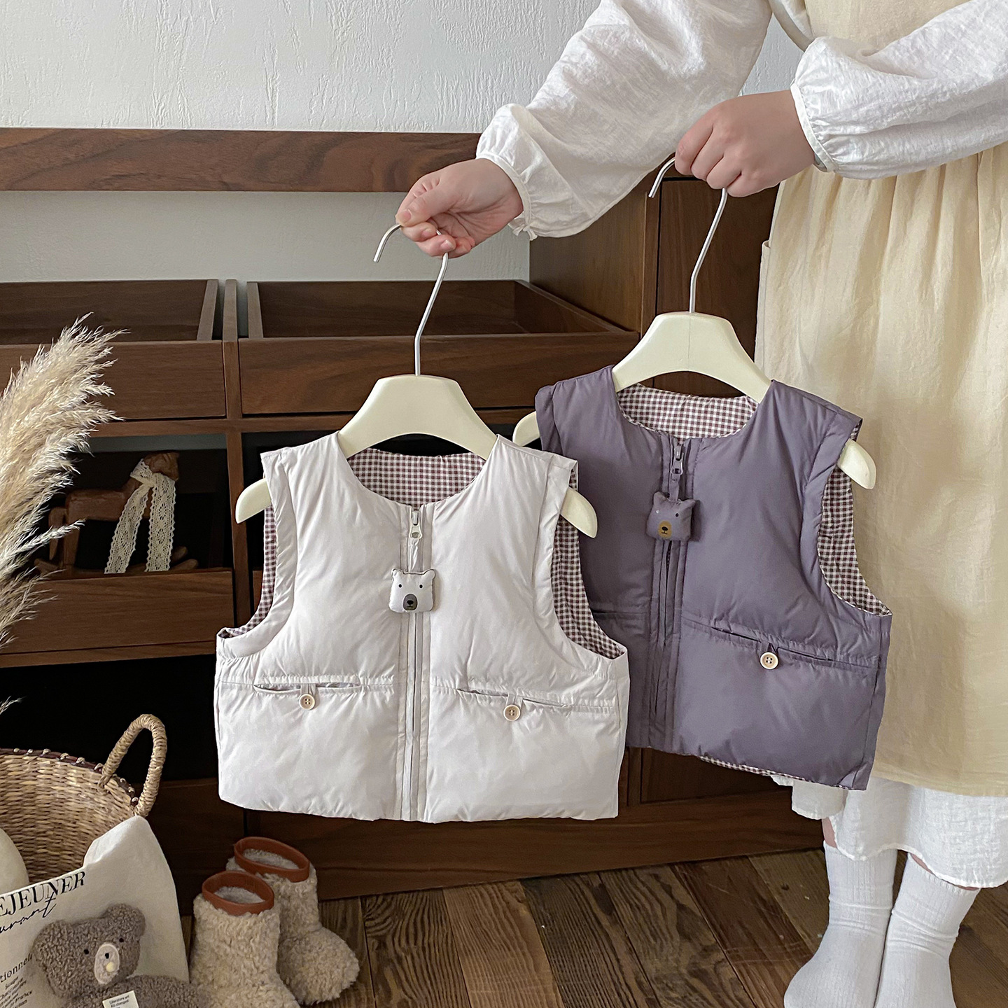 点兮冬季新款婴幼儿纯色手塞棉马甲宝宝韩版洋气百搭卡通背心外套