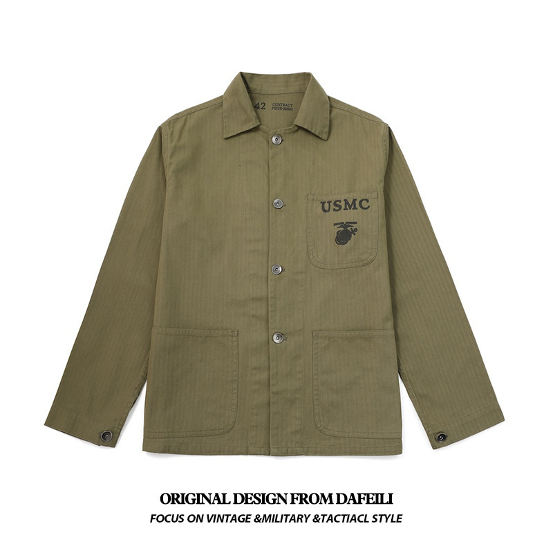 Fishbone Pattern Ami Khaki Shirt Military Style P41 American Retro Workwear American Navy Land Team Hbt Jacket