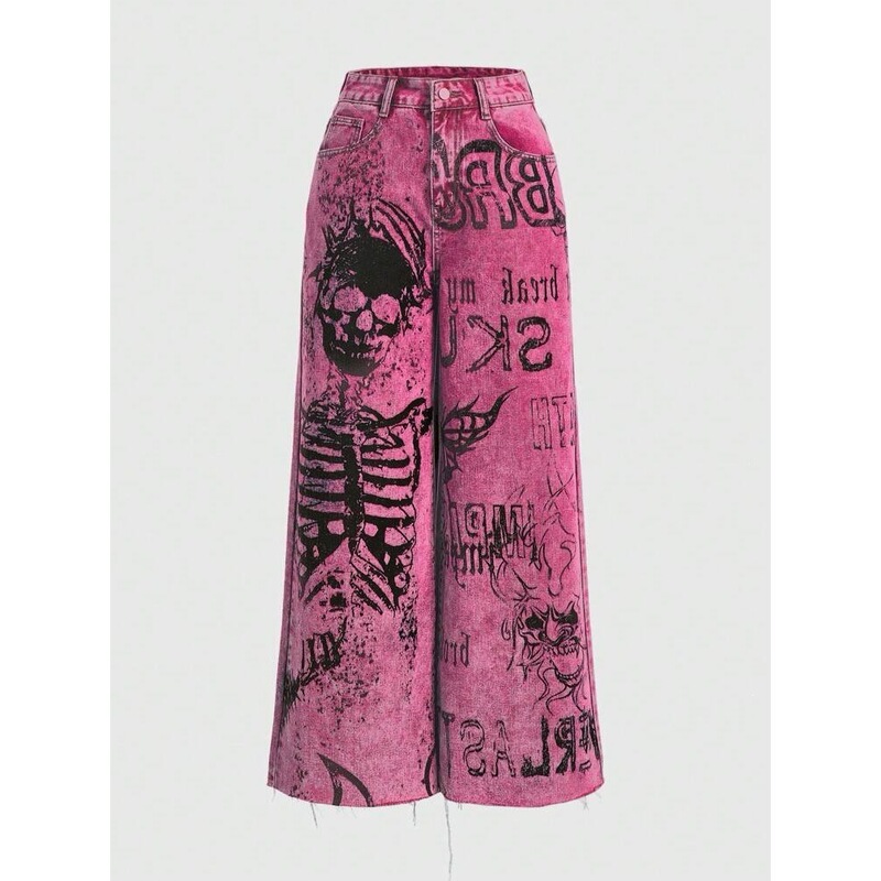 Cross-border bestseller: Rose Red Skull Graffiti Denim Wide-Leg Pants, Street Style 3D Letter Print Faux Jeans Cross-border bestseller: Rose Red Skull Graffiti Denim Wide-Leg Pants, Street Style 3D Letter Print Faux Jeans