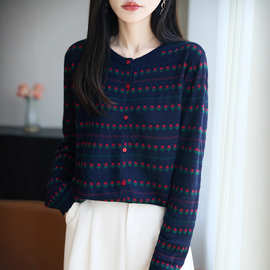 法式时尚提花设计感羊毛针织开衫女秋季小众显瘦针织外套毛衣代发