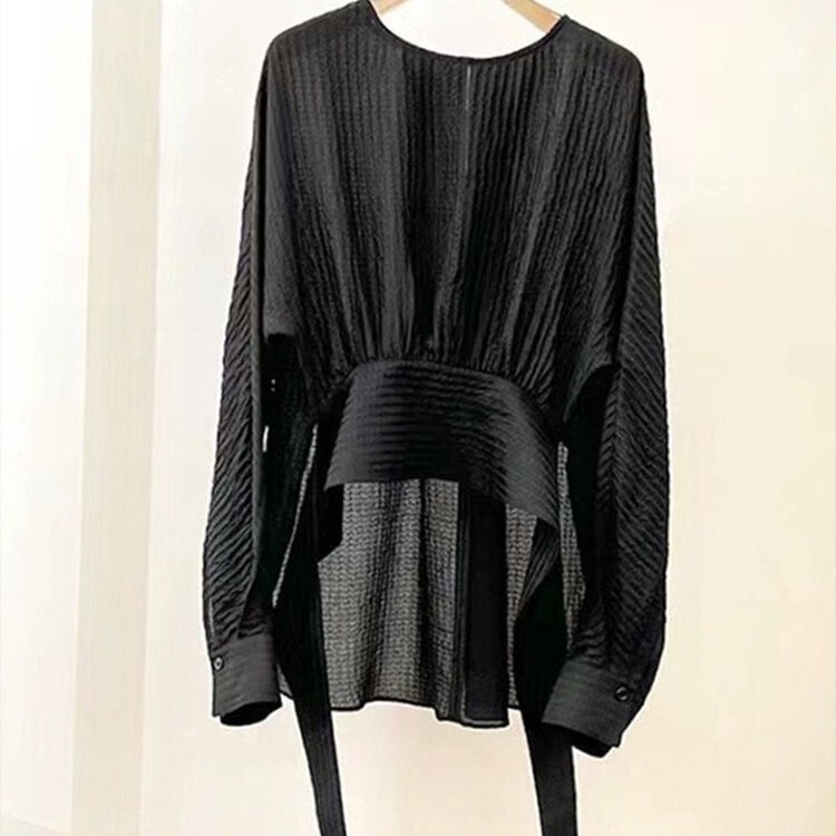 Early Autumn New European Fashion Chic Textured Beautiful Tops Niche Designer Stylish Black Shirt for Women