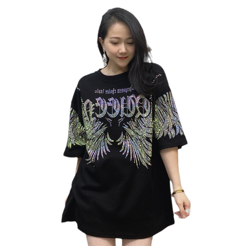 Amazon ropa de comercio exterior otoño nuevo top de manga corta marca de moda de las mujeres rhinestone camiseta de las mujeres de una sola pieza envío gratuito image 6