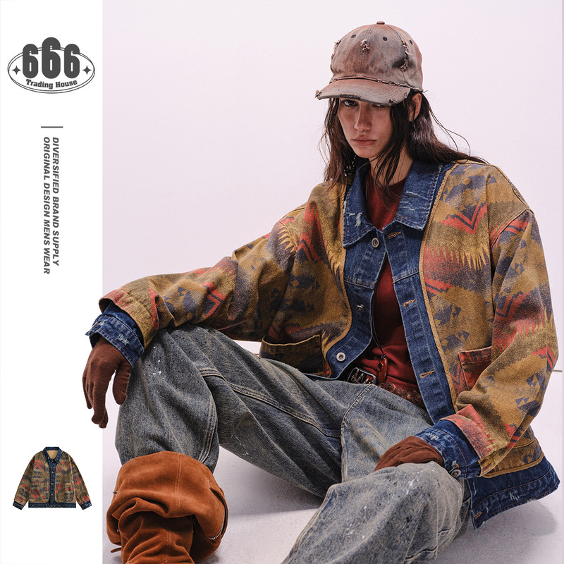 AYWTER American Retro Western Ethnic Style Tooling Jacket Men and Women Loose Casual Laps Denim Jacket 0453