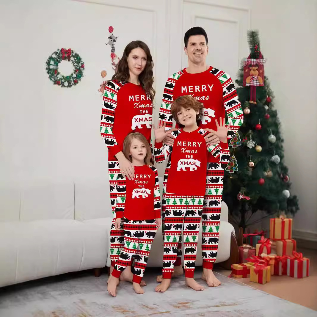Christmas tree Bear letter stripes Christmas family dress printed home wear_voghion.com