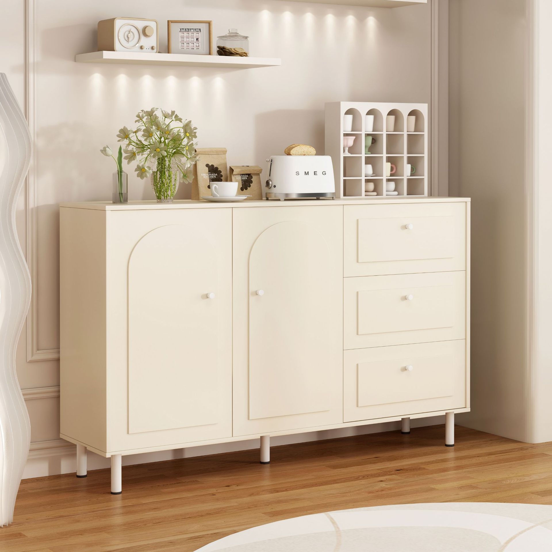 Solid Wood Core Sideboard Wall-Mounted Integrated Storage Cabinet White Cream Living Room French Home Cupboard Storage Cabinet