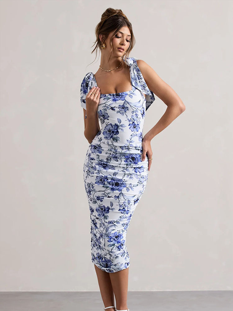 280g Weight Knee-Length Dress Length Type Sleeveless Sleeve Length One-Step Skirt Dresses Type Sleeveless Sleeve Type Spandex, Polyester Fabric Type Mid Waist Waist Line Party, Beach Occasion Sling style, Square Neck Neckline Slim Fit Type Printing Pattern 2025 Spring and Summer Season Women's, Adults Gender Pleated Design Royal Sister Wind Style 2025 New European And American Foreign Trade Amazon Women's Clothing Summer New Fashion Retro Printed Pleated Design Dress 1