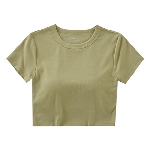 One-piece Navel-exposed Round Neck Short-sleeved Cup Base Shirt with Chest Pad Summer Short Women's Inner T-shirt without Steel Ring