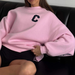 2025秋冬新款宽松休闲百搭上衣欧美BF风时尚潮牌圆领套头卫衣女