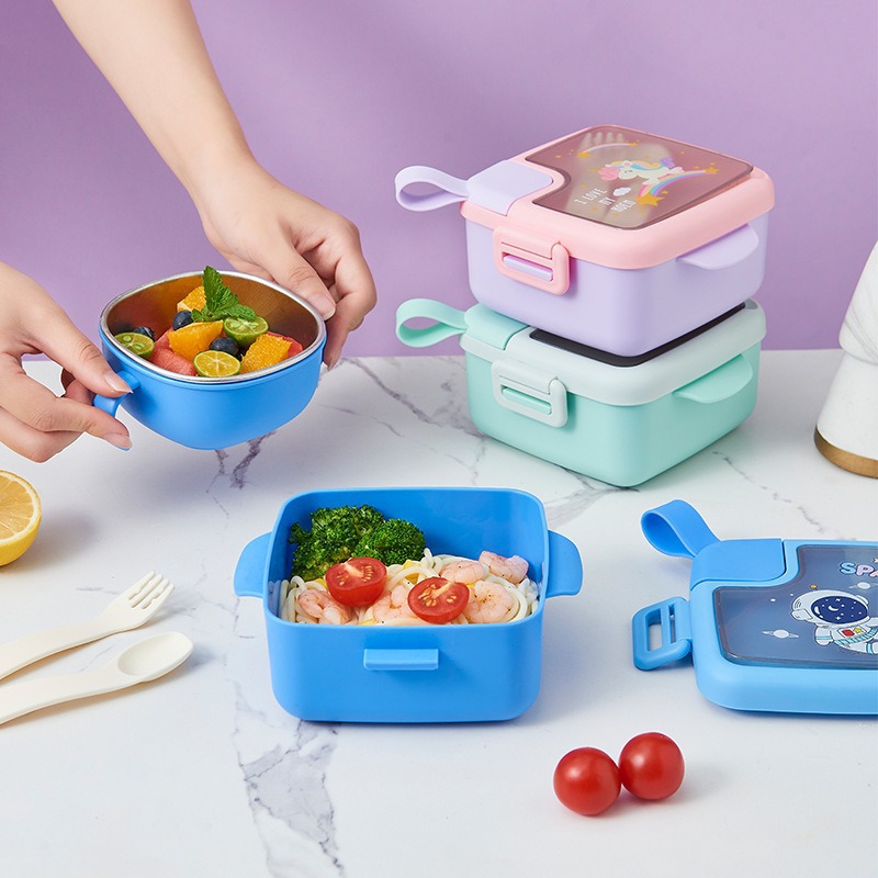 Children's Pp Material Insulated Lunch Box Baby Food Container Infant Double-Handle Feeding Bowl with Spoon and Scissors Bowl Set