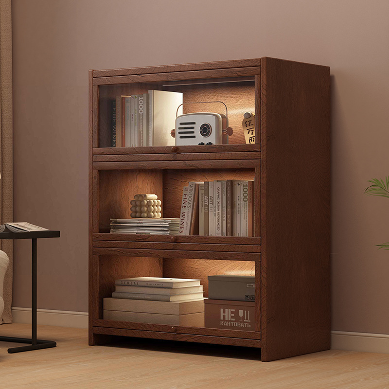 Librería de piso retro americano, armario de madera maciza, armario de almacenamiento, armario de exhibición de almacenamiento de sala de estar, estante integrado contra la pared