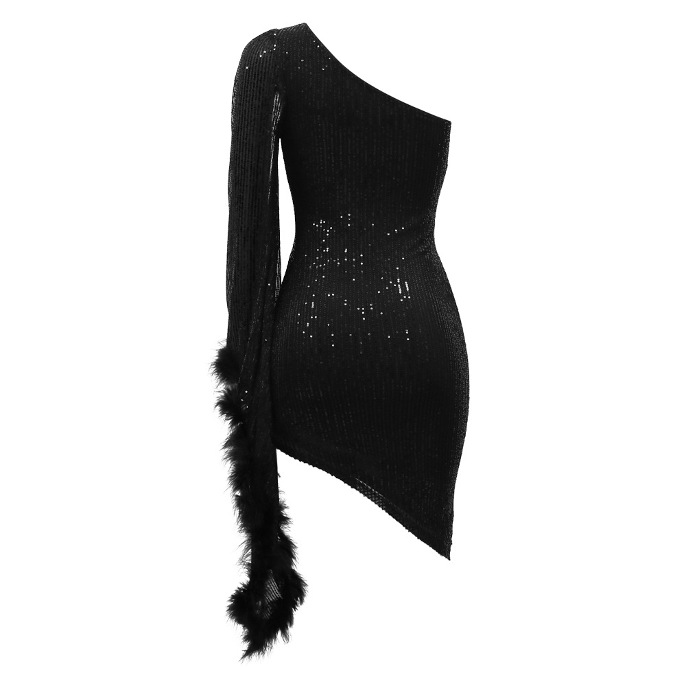 Diagonal Collar Irregular Asymmetric Sequined Sheath Dress for Women