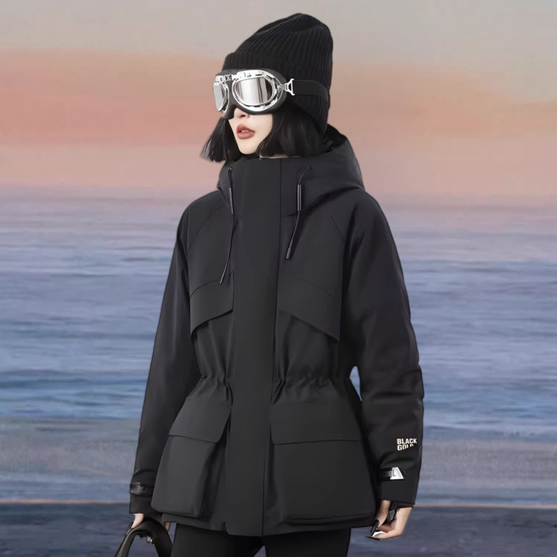 High-End Black Gold Goose down Jacket for Women, Outdoor Cold-Proof Jacket, 90 Goose down Waist-Cinching Mid-Length down Jacket, Trendy