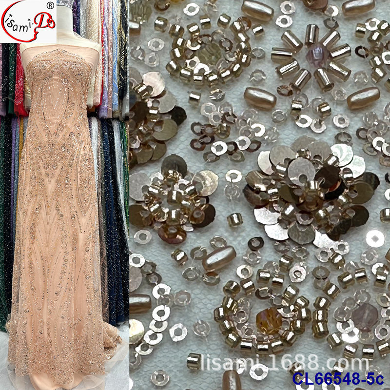 复古唯美钉泡珠重工叠片整幅蕾丝面料 连衣裙礼服装网纱绣批发