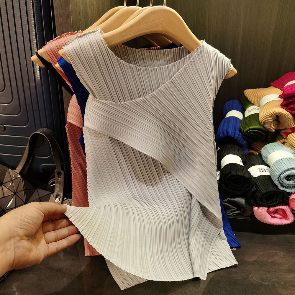 Áo thun nữ không tay cổ tròn ôm dáng thiết kế bất đối xứng — Màu đen, Màu xanh lam, Màu hồng, Màu xám