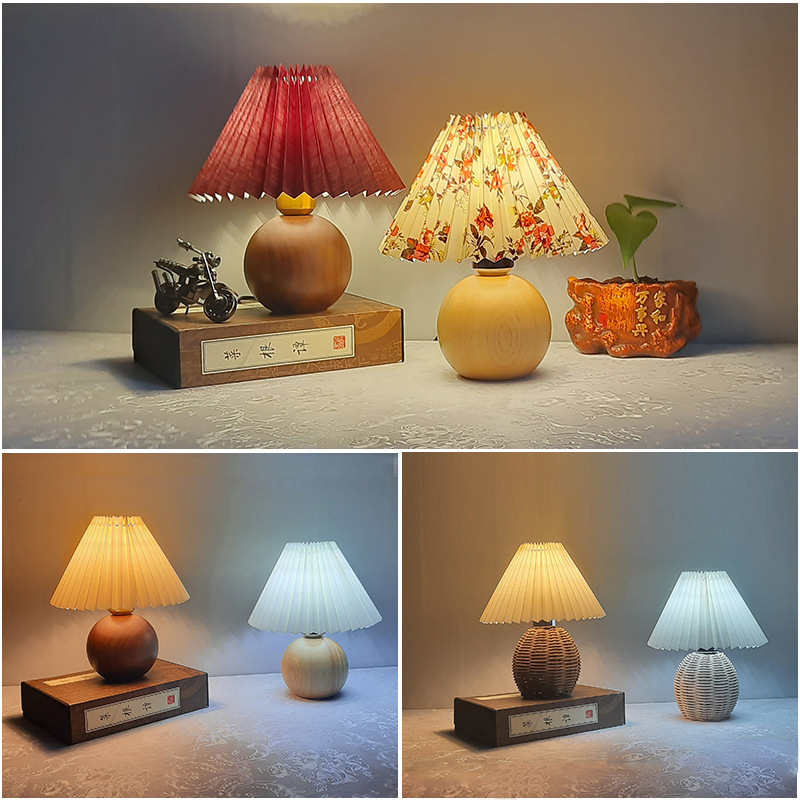 Solid Wood pleated table lamp cross-border Korean ins girls cafe bedroom bedside lamp student gift rattan night light