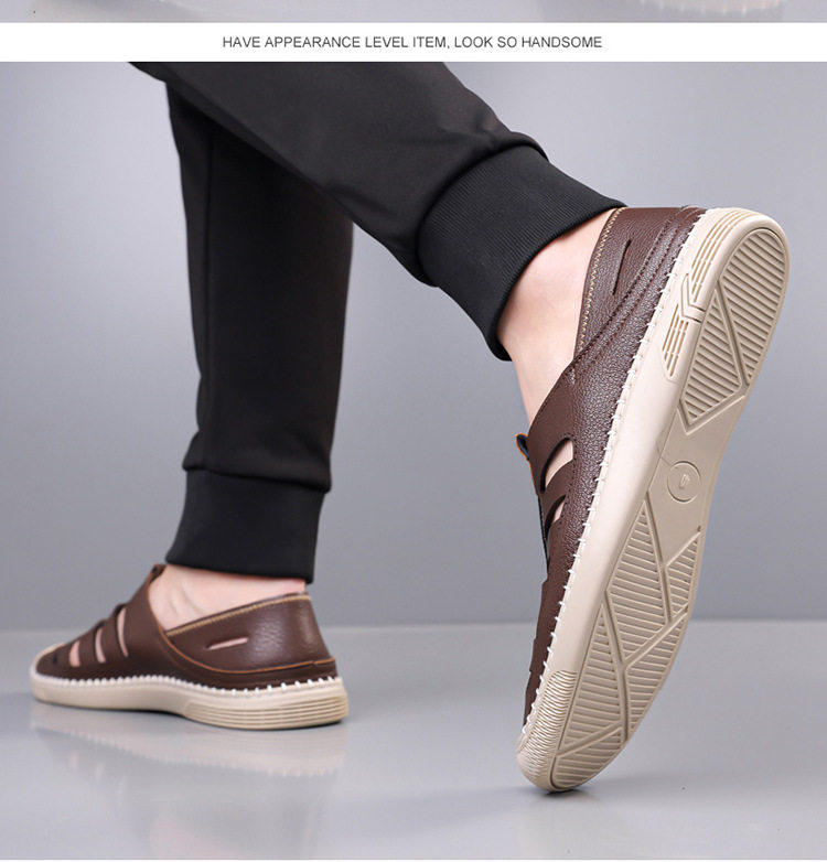 Giày lười sandal nam thoáng khí khoét lỗ, mũi tròn, đế cao su chống trượt — Màu nâu, màu đen chi tiết 13