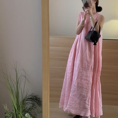 2025夏の新商品の気質の大きい女性の主の怠惰な弛緩感のベストスカートの丸首のゆったりしている薄い腰の長いスカート
