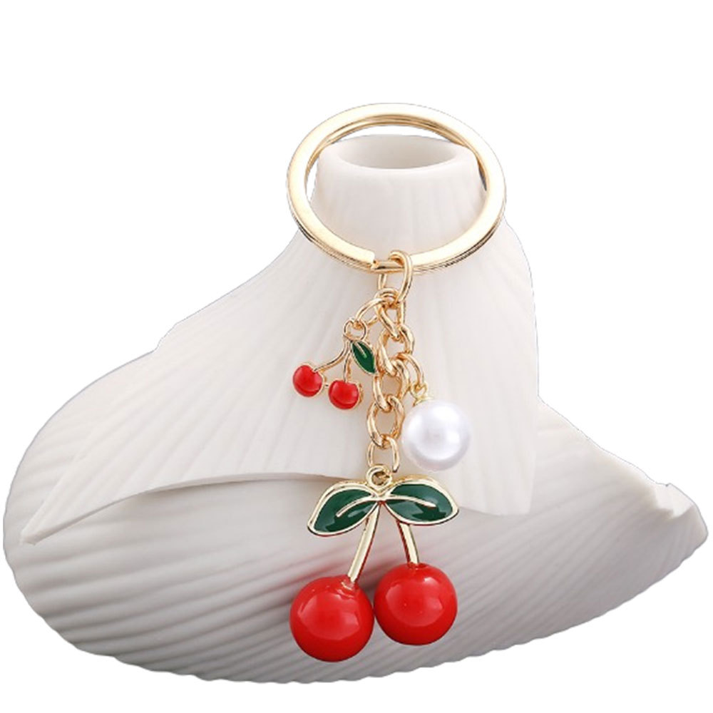 Sweet Style Popular Style 1 Drop Oil Solid Color Red Cherry Pearl Keychain Metal Key Chain Decorative Pendant