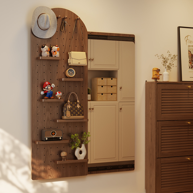 Perforated Board Dressing Mirror Integrated Entrance Door Girls' Bedroom Sliding Hidden Solid Wood Closable Full-Length Mirror