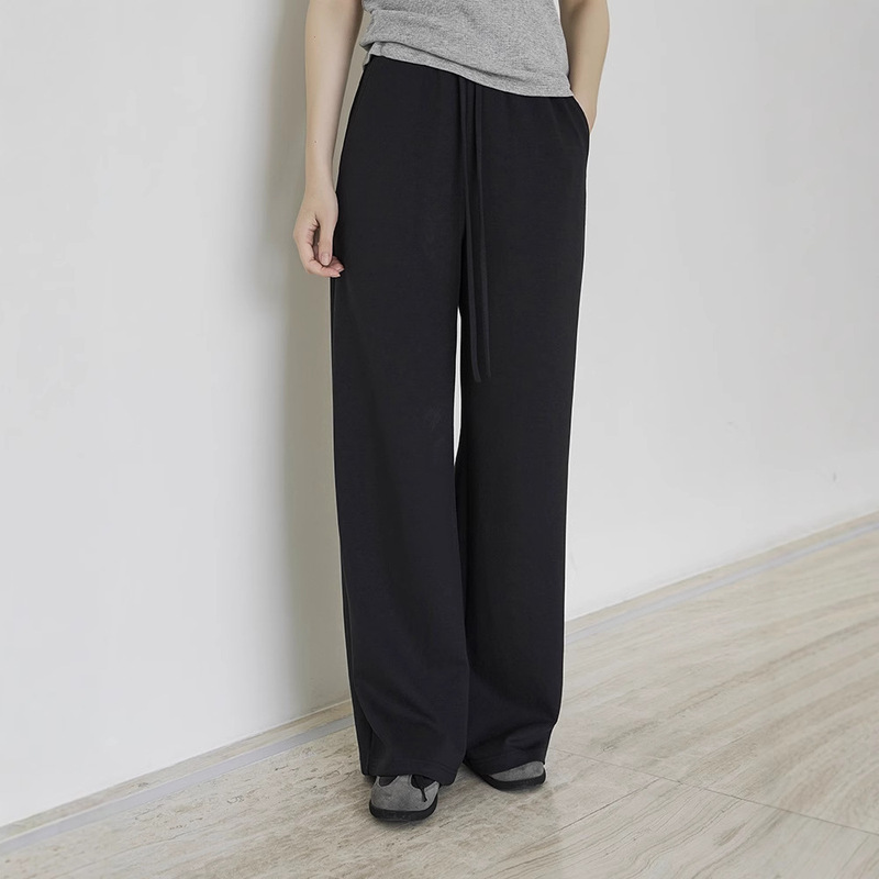 Black Knitted Casual Sports Pants 2025 New High-Waisted Versatile Wide-Leg Pants with Elastic Waist Long Casual Pants