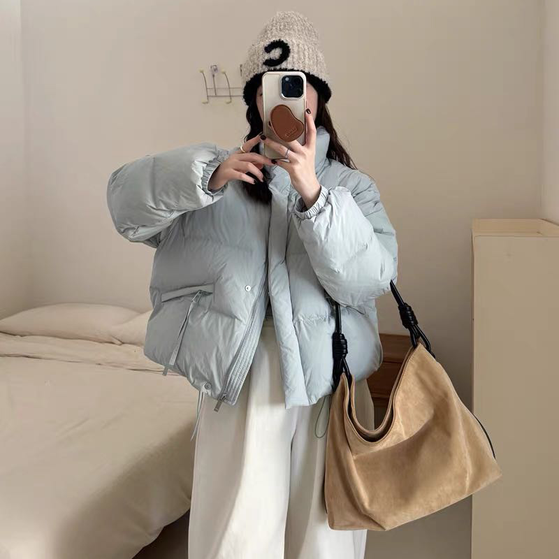 Candy-Colored Stand Collar Short down Jacket for Women, 2025 Winter New Sweet White Duck down Slim-Fit Puffer Jacket for Petite Figures