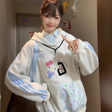 kitty猫polo领假两件卫衣女秋季刺绣植绒学院风拼接格子宽松外套