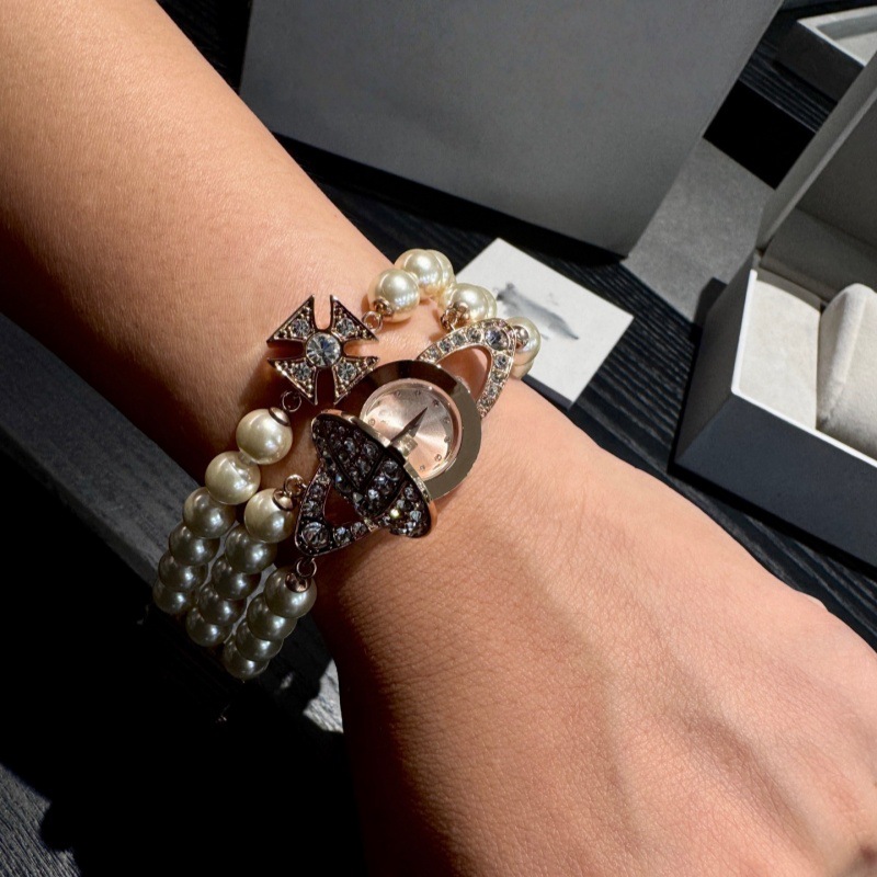 New Xiaohongshu Empress Watch with Pearl Style, Three-Layer Pearl and Diamond Inlay, Crushed Ice Blue Saturn Women's Watch for Wholesale