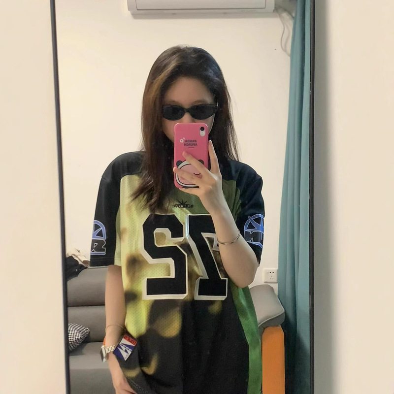 Plus Size Retro Round Neck Short-Sleeved T-Shirt Men's Summer Loose Profile Breathable Mesh Printed Cut Out Jersey