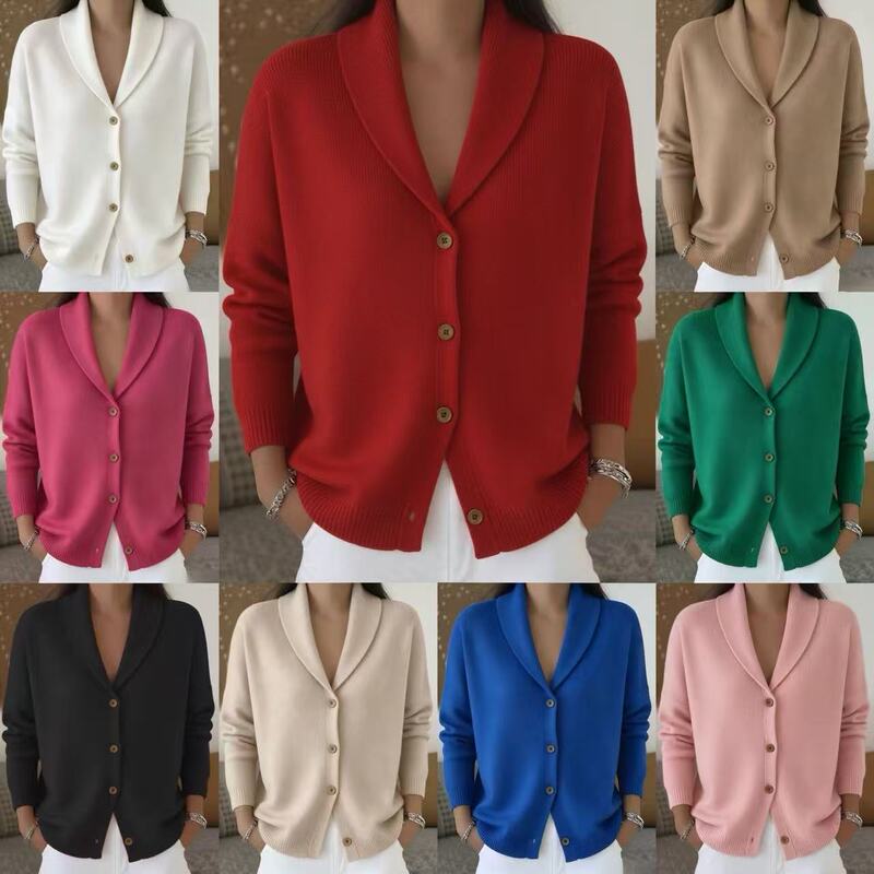 2026 European and American Cross-Border Buttoned Knitted Lapel Sweater Cardigan Jacket Autumn and Winter New Solid Color Casual Fashion Women's Clothing 2026 European and American Cross-Border Buttoned Knitted Lapel Sweater Cardigan Jacket Autumn and Winter New Solid Color Casual Fashion Women's Clothing