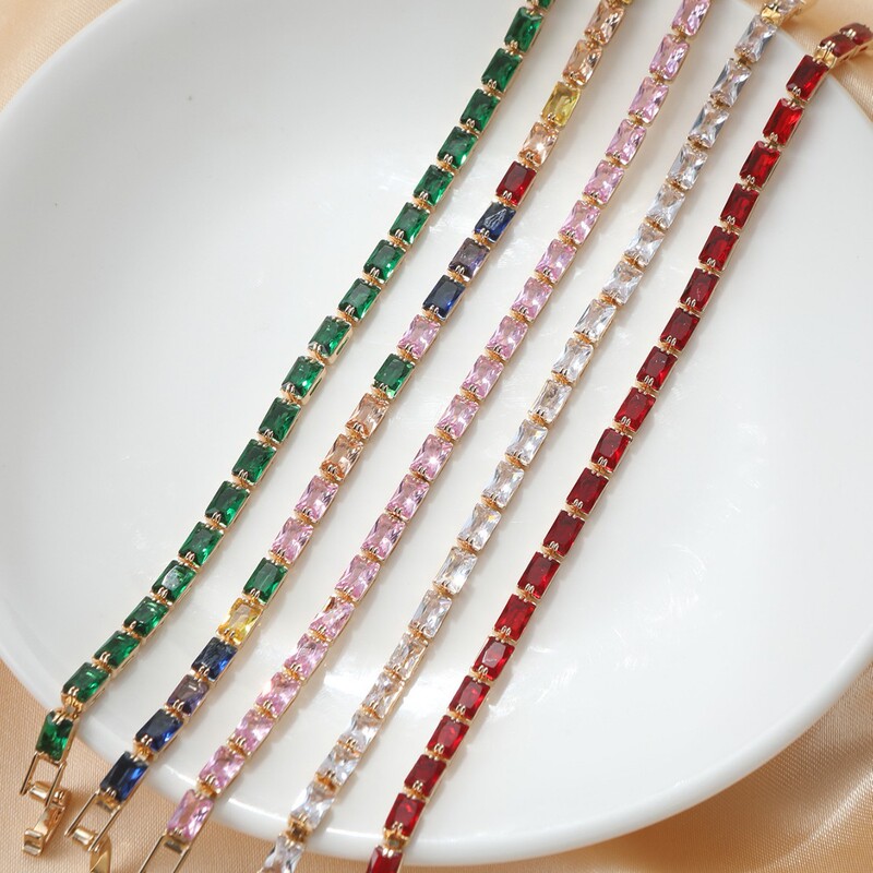 European and American Cross-Border Fashion Light Luxury Copper Cubic Zirconia Square Colorful Bracelet with a High-End Exquisite Rainbow Design