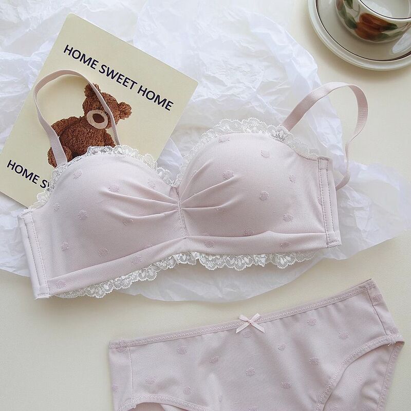 Lace Pleated Polka Dot Intimates for Women, Soft and Waxy, Skin-Friendly, Small Breast Push-Up, No Rims, Half-Cup Bra Set