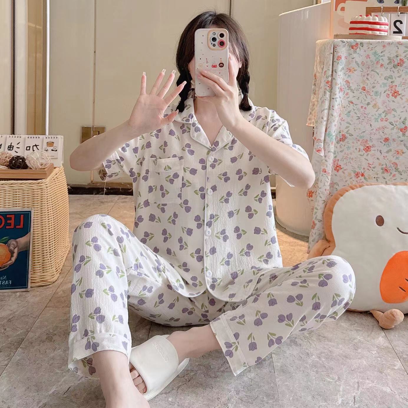 Pajamas de espuma tejidos de verano de algodón pantalones largos de mangas cortas ropa para el hogar de verano delgada de algodón conjunto de dos piezas