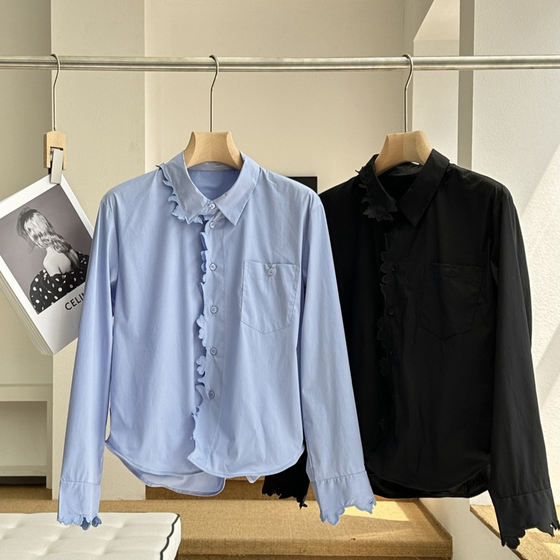 Irregularly cut long-sleeved shirt, stylish and elegant, easy to match 11702