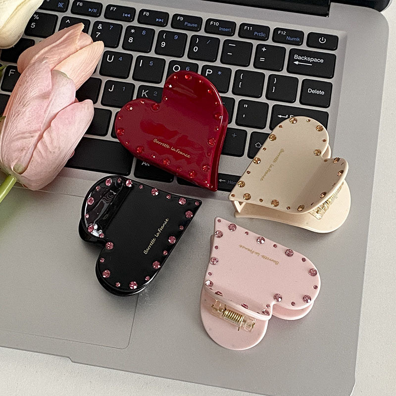 韓國醋酸愛心粉水晶抓夾水鑽超閃髮夾輕奢氣質法式金標小鯊魚夾子