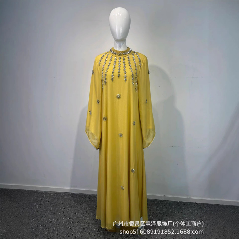 2026 New Model Heavy-Duty Rhinestone Beaded Dress, Loose Plus-Size Long Chiffon Dress, Elegant Gown for Cross-Border Sales