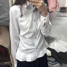 日系甜美学院风条纹长袖衬衫女春秋新款荷叶边下摆小众设计感上衣