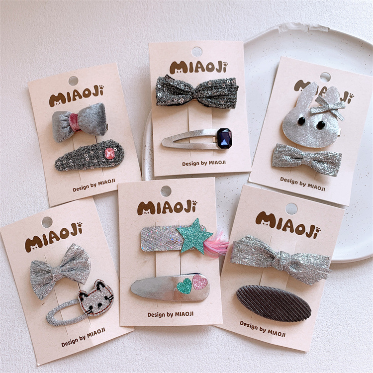 新款兒童銀灰色系蝴蝶結髮夾女童可愛卡通劉海夾側邊碎發BB夾發卡