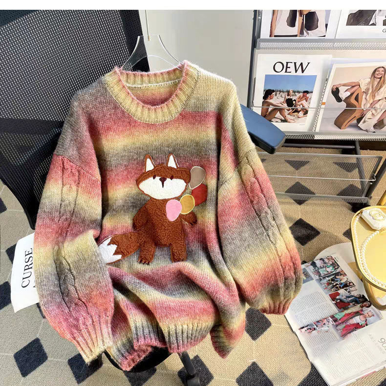 Ambient Gradient Rainbow Striped Fox Sweater Women's Autumn and Winter Outer Wear Loose Lazy Style Maillard Wear Top