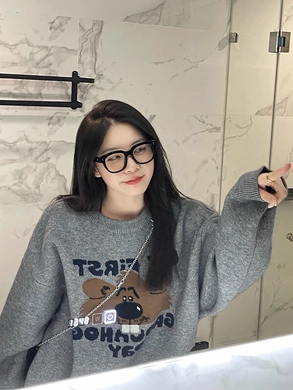 慵懒风长袖毛衣女装秋季2025新款小熊提花宽松中长款外穿针织上衣|undefined