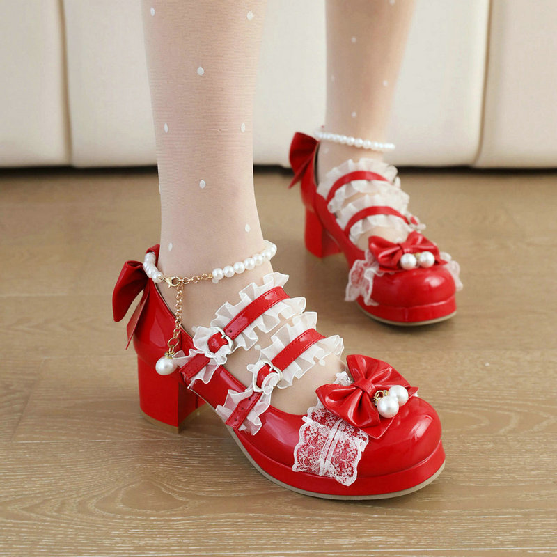 Cross-Border Ladies Sweet Lolita Shoes Beaded Patent Leather Mary Jane Waterproof Platform Thick Heel Bow Prom High Heels Cross-Border Ladies Sweet Lolita Shoes Beaded Patent Leather Mary Jane Waterproof Platform Thick Heel Bow Prom High Heels