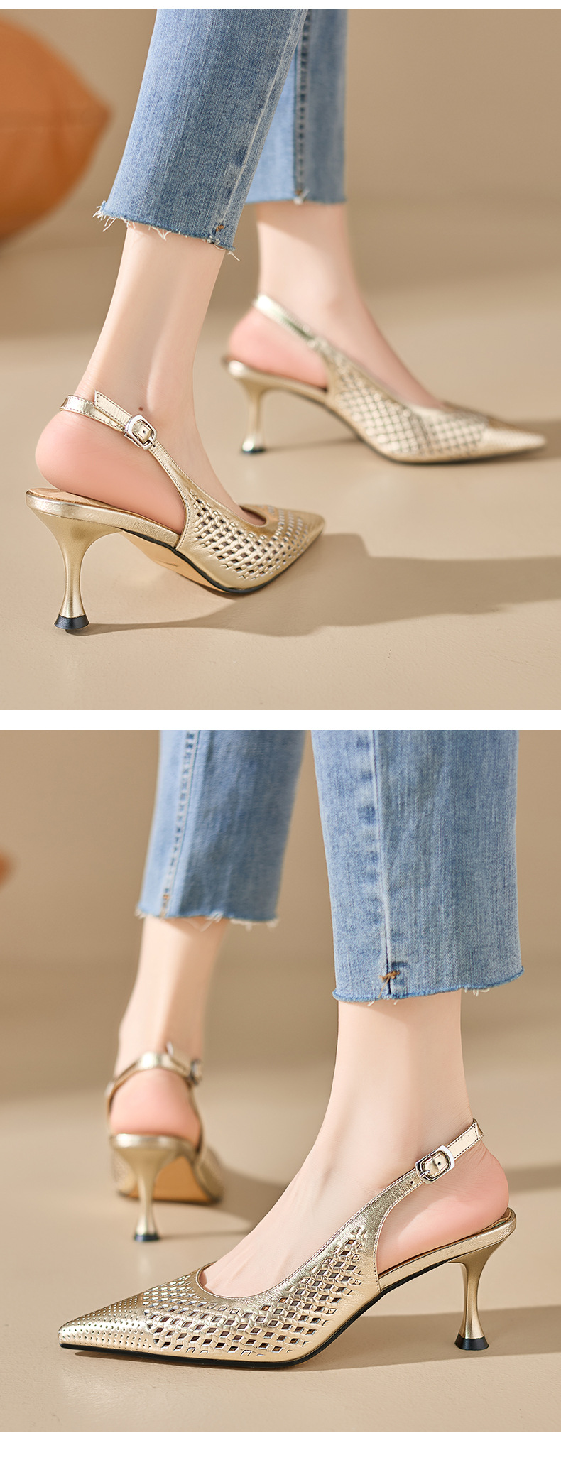 Sandal cao gót nữ mũi nhọn hở gót, gót 7 cm, phong cách Âu Mỹ — màu vàng chi tiết 5