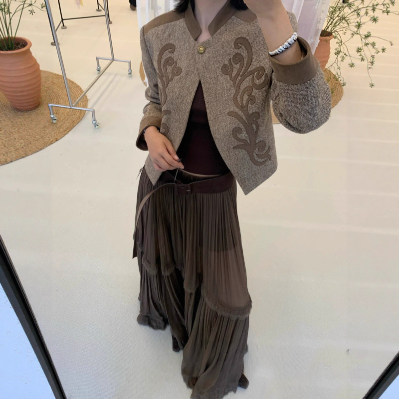 IF设计师品牌25早秋新品激光绣花拼接外套法式复古百搭羊毛夹克|undefined