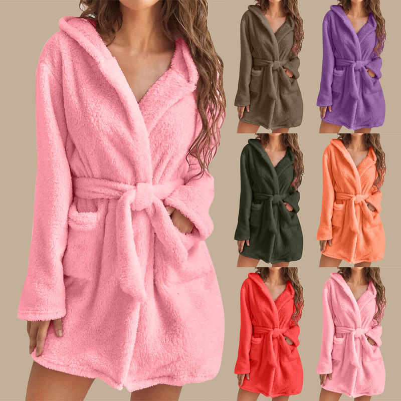 2022 Amazon Ebay European and American Export Plush Pajamas Pure Color Hooded Home Warm Bathrobe for Women Comfortable and Thickeneded