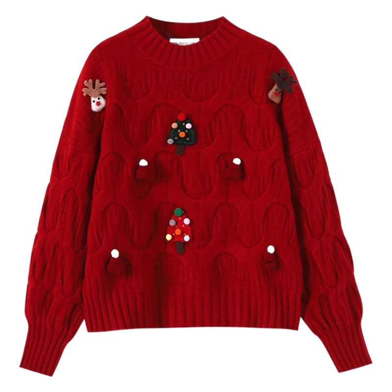 Suéter de punto holgado y versátil de estilo informal para mujer, con diseño navideño rojo, que rejuvenece, novedad de otoño e invierno de 2024