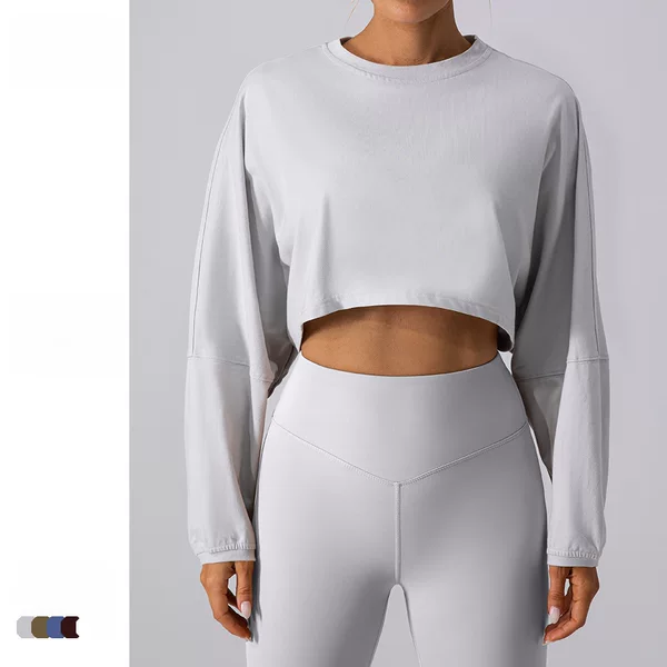 Cross-Border European and American Popular Round Neck Sweatshirt T-Shirt Sports Short Bottoming Shirt Yoga Running Loose Long-Sleeved Top for Women