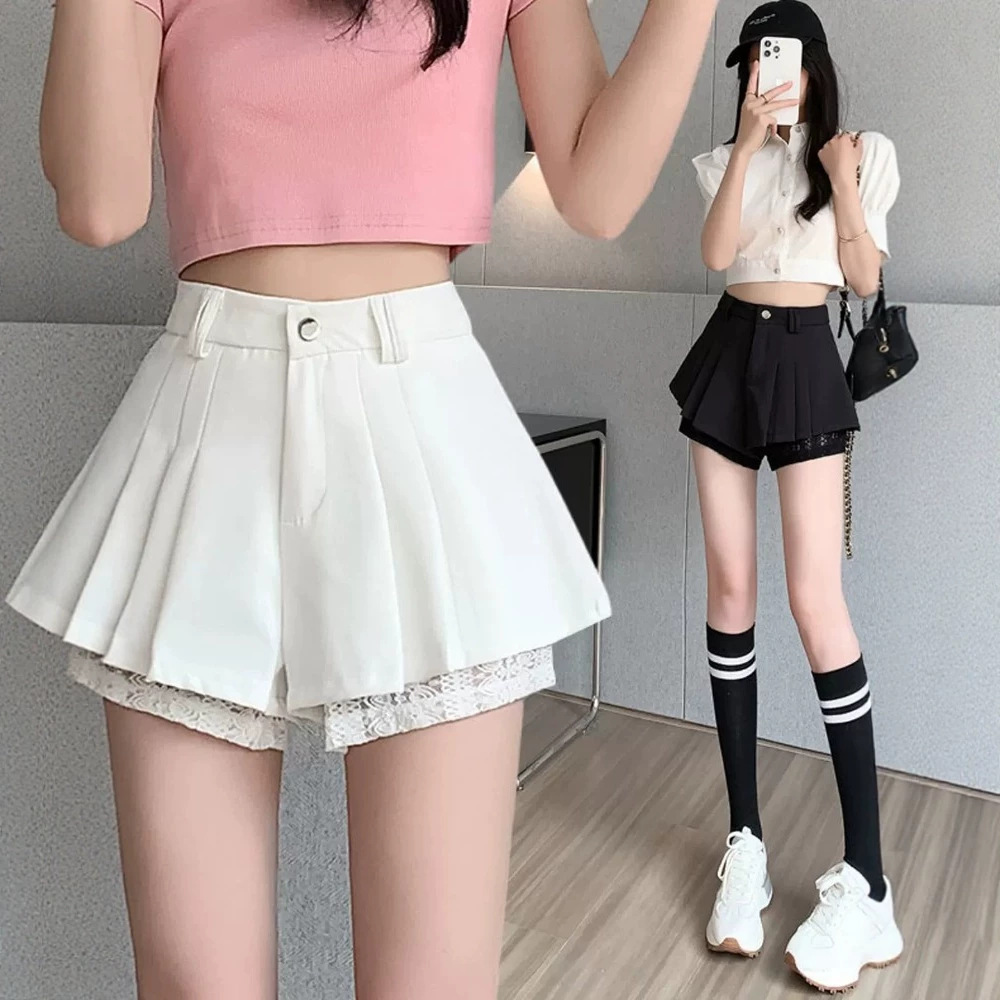 辣妹百褶蕾丝边黑色短裤小个子夏季高腰显瘦宽松休闲百搭阔腿短裤